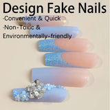 24 Uds. De uñas artificiales de mariposa azul, prensa cuadrada en puntas de uñas postizas con purpurina larga francesa, diamantes de imitación brillantes