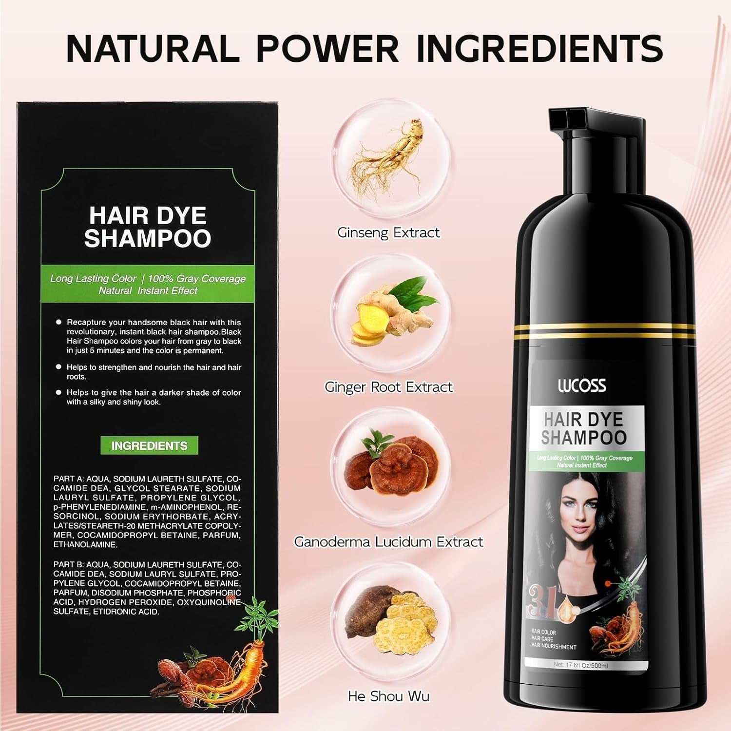 Champú Instantáneo para Cabello Negro, Champú para Tinte Natural, Cobertura 100% de Grises - Fácil y Rápido, Color Semi Permanente para Cabello Negro, Champú para Tinte para Cabello para Hombres y Mujeres Tinte para el Cabello Naty Shop