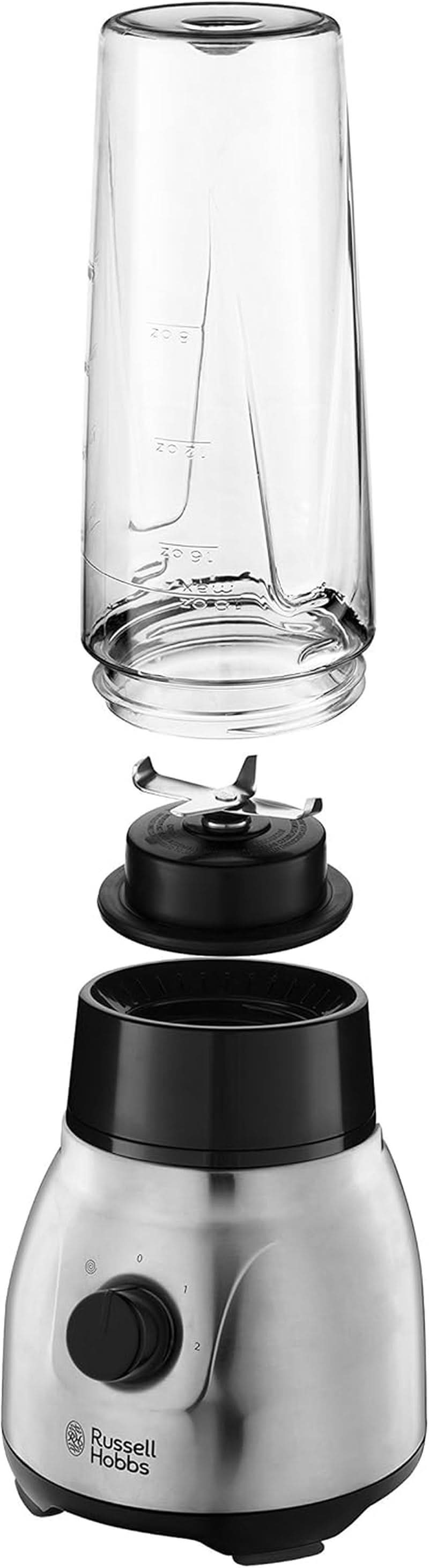 Russell Hobbs Batidora con base 2 en 1 [batidora con vaso de vidrio de 1,5 l y mini batidora de 0,6 l - To-Go-Trinkflasche Inkl. Deckel] Spülmaschinenfest, Función Impuls-/Ice-Crush, Becher BPA Frei, Edelstahl 23821-56 Cocina Naty Shop
