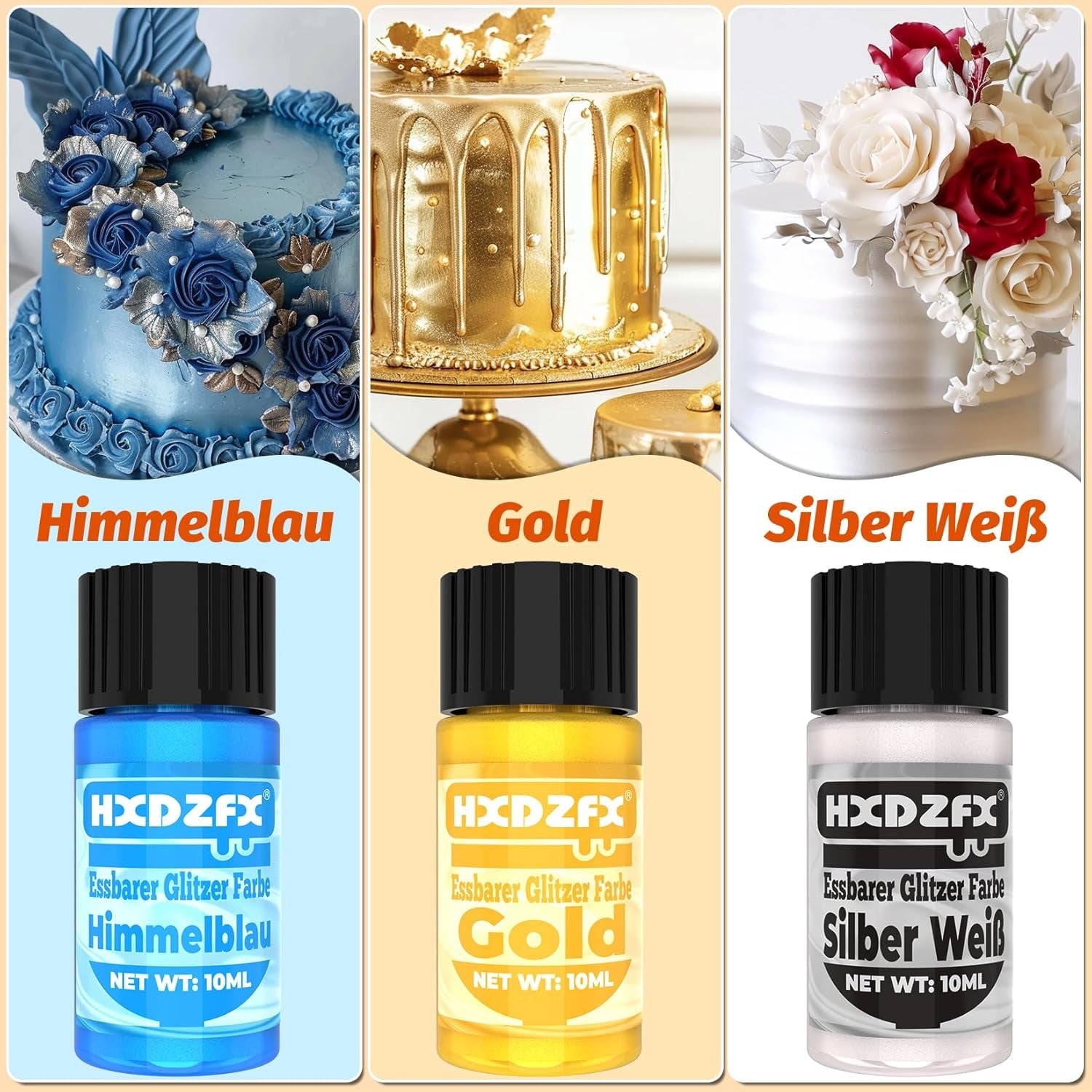 Essbarer Glitzer - 3 Torten Kuchen Deko Essbare, Lebensmittelfarbe Flüssiges metálicos, Purpurina comestible para muffins, cócteles, malvaviscos - 10Ml Naty Shop