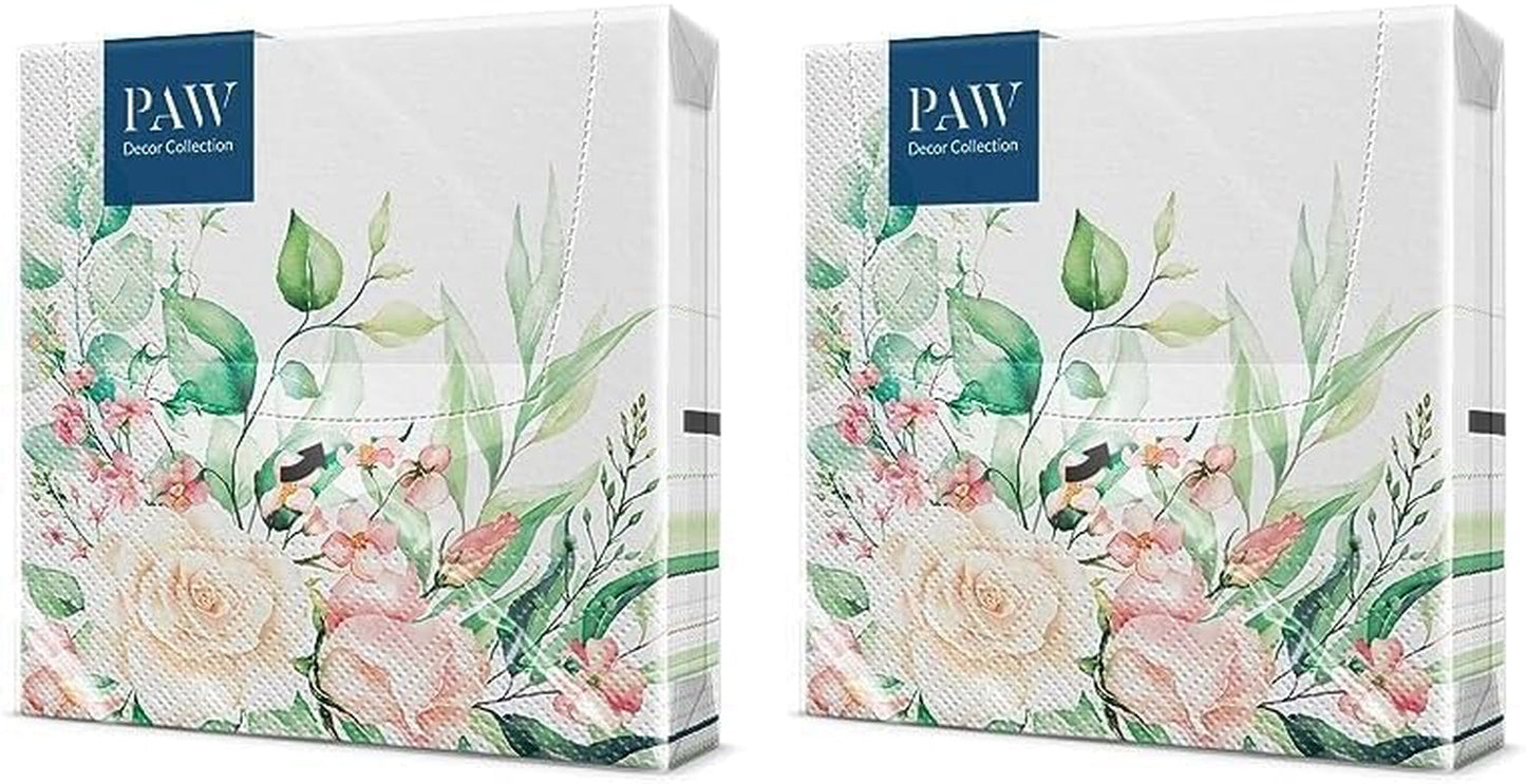 PAW - Servilletas de 3 capas (33 x 33 cm) I 20 piezas I Perfectas para cumpleaños, fiestas, bodas, comuniones y días festivos I Servilletas de papel de colores - Flores, rosas I Color: Momentos florales (Pack de 2)