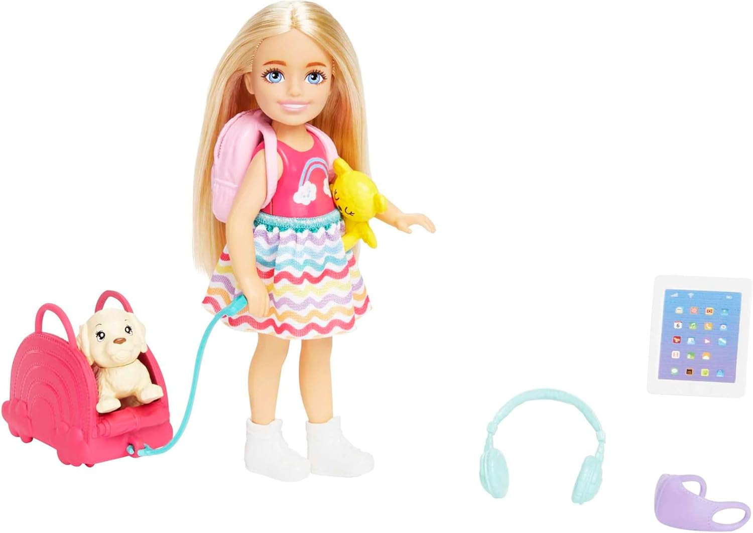 Muñeca Barbie Chelsea y accesorios, juego de viaje para cachorros de 6 piezas que incluye jaula para perros HJY17