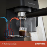 Cafetera espresso con portafiltro GRUNDIG KSM 5330 con depósito de leche integrado, potencia 1628 W, presión de bomba 15 bar, doble boquilla, pantalla táctil a color, BrewSense, CreamyPro, Acero inoxidable oscuro/Negro