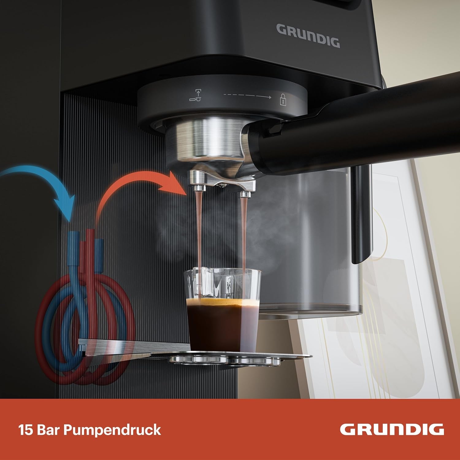 Cafetera espresso con portafiltro GRUNDIG KSM 5330 con depósito de leche integrado, potencia 1628 W, presión de bomba 15 bar, doble boquilla, pantalla táctil a color, BrewSense, CreamyPro, Acero inoxidable oscuro/Negro