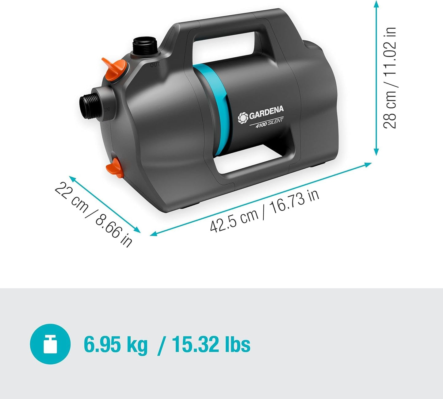 Gardena 4100 Set de Bomba de Jardín Silenciosa: Bomba de Riego Muy Silenciosa e Innovadora con Conexión de Aspiración de 3,5m y Manguera Clásica de 20m, Caudal 4100L/h, Motor 550W, Impermeable, Económica (9051-20)