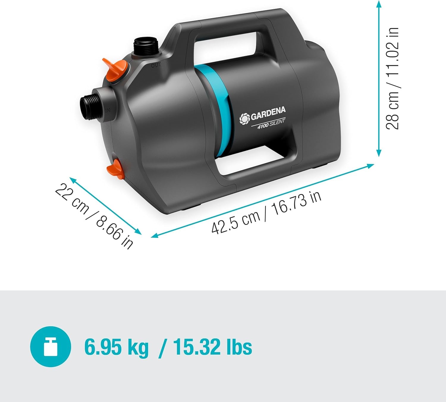Gardena 4100 Set de Bomba de Jardín Silenciosa: Bomba de Riego Muy Silenciosa e Innovadora con Conexión de Aspiración de 3,5m y Manguera Clásica de 20m, Caudal 4100L/h, Motor 550W, Impermeable, Económica (9051-20)