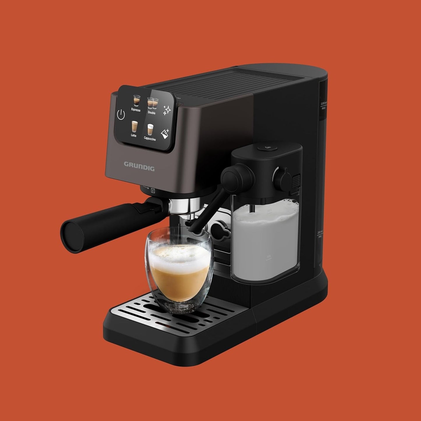 Cafetera espresso con portafiltro GRUNDIG KSM 5330 con depósito de leche integrado, potencia 1628 W, presión de bomba 15 bar, doble boquilla, pantalla táctil a color, BrewSense, CreamyPro, Acero inoxidable oscuro/Negro