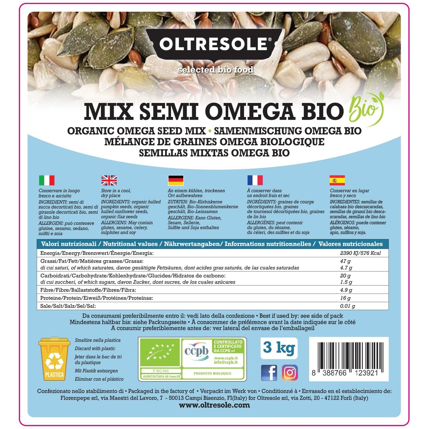 Organic Omega Seed Mix 3 kg (mezcla de semillas de calabaza, girasol y lino), una mezcla de 3 semillas oleaginosas enteras crudas, rica en proteínas, fibra y ácidos grasos omega-3