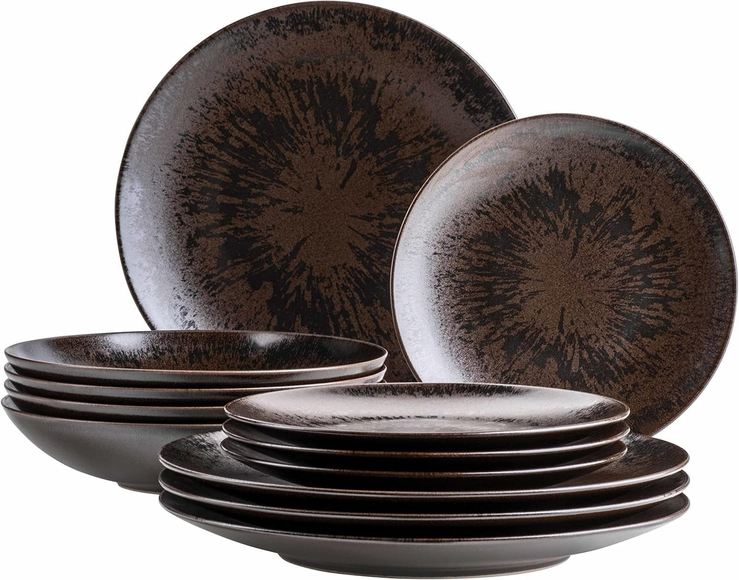 MÄSER Juego de mesa para 4 personas, color bronce metálico, 12 piezas, con esmalte elegante y brillante, juego de platos llanos, plato llano y plato de postre en cerámica de alta calidad, gres, marrón