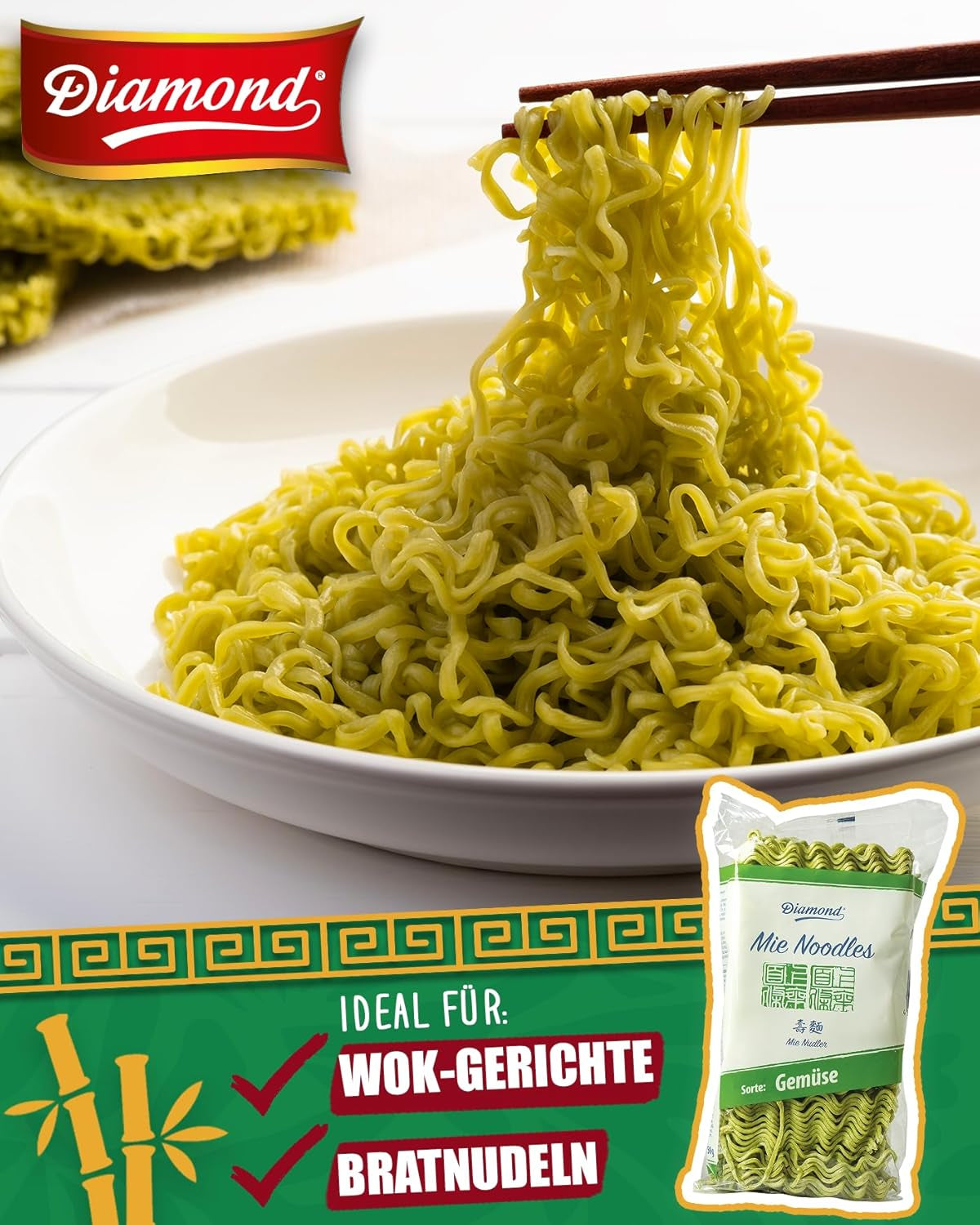 DIAMOND Fideos vegetales Mie, fideos de trigo con polvo vegetal, sin huevo, fácil y rápido, vegetariano - 1 x 250 g