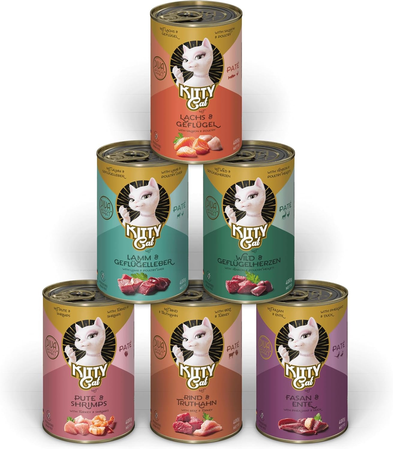 KITTY Cat Paté Mix 2, 6 x 400 g, comida húmeda para gatos en paquete de muestra, comida sin cereales con taurina, aceite de salmón y mejillones de labios verdes, alimento completo con alto contenido en carne, fabricado en Alemania