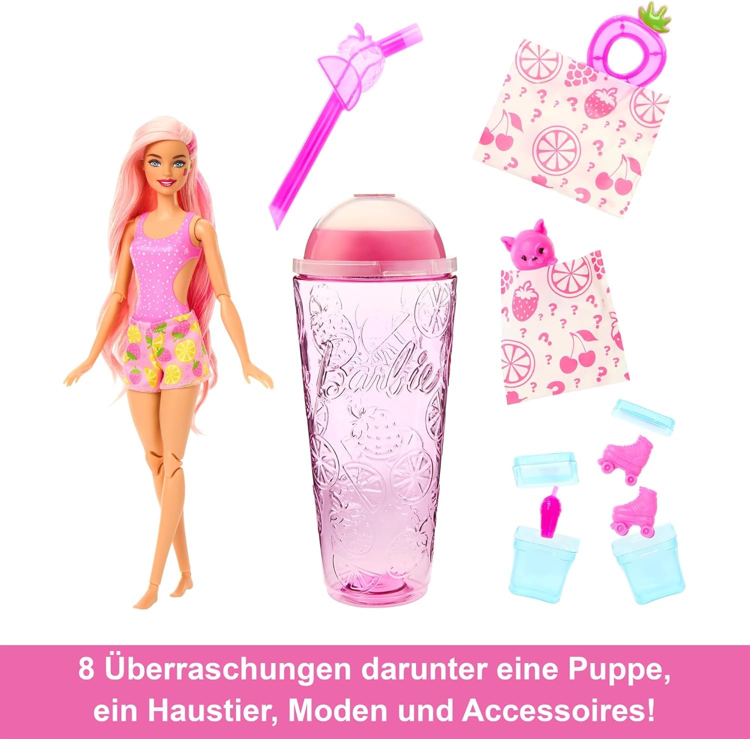 Barbie Pop Reveal Fruit: muñecas sorpresa con 8 sorpresas frutales, incluida una muñeca posicionable con aroma a limonada de fresa y un cachorro mullido, mayores de 3 años, HNW41