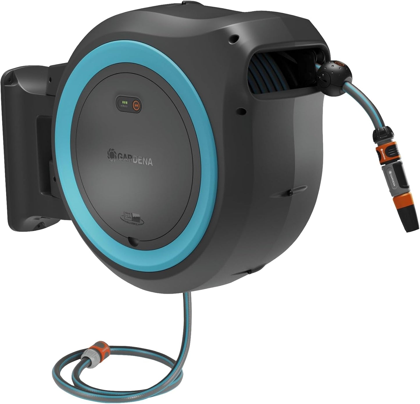 Gardena PowerRoll XXL Solo Caja de manguera de pared inalámbrica: Enrollador de manguera automático con manguera de jardín de 40 m, guía de manguera y RollControl, funciona con pilas, resistente a los rayos UV y a las heladas (18647-55)