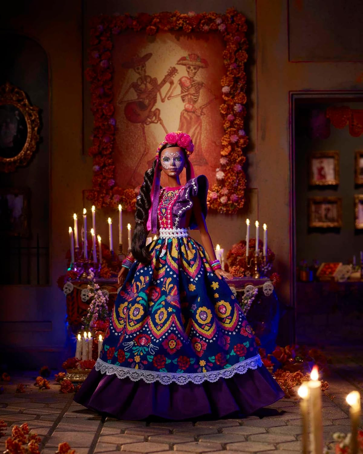 Muñeca Barbie del Día de Muertos 2022 con vestido tradicional con volantes, corona de flores y pintura facial de calavera, regalo para coleccionistas