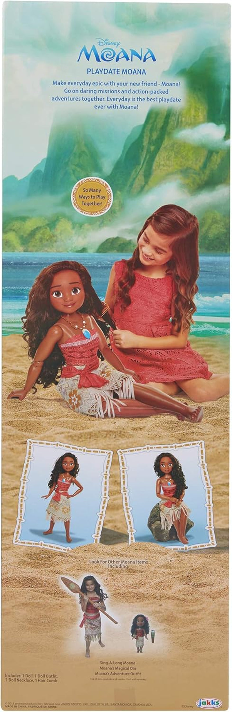 Disney Princess Vaiana, 80 cm große Spielpuppe von Jakks Pacific, bewegliche Puppe, mit Bürste zum Kämmen ihrer welligen Locken, vom Film Inspired Kleid, abnehmbare Halskette mit Anhänger