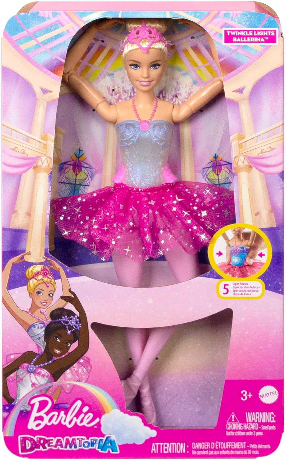 Barbie Dreamtopia Muñeca Bailarina Magic Light con Tutú Rosa y Cabello Rubio, 5 Efectos de Luz y Sonido, Barbie Móvil, A Partir de 3 Años, HLC25 Naty Shop Muñecas