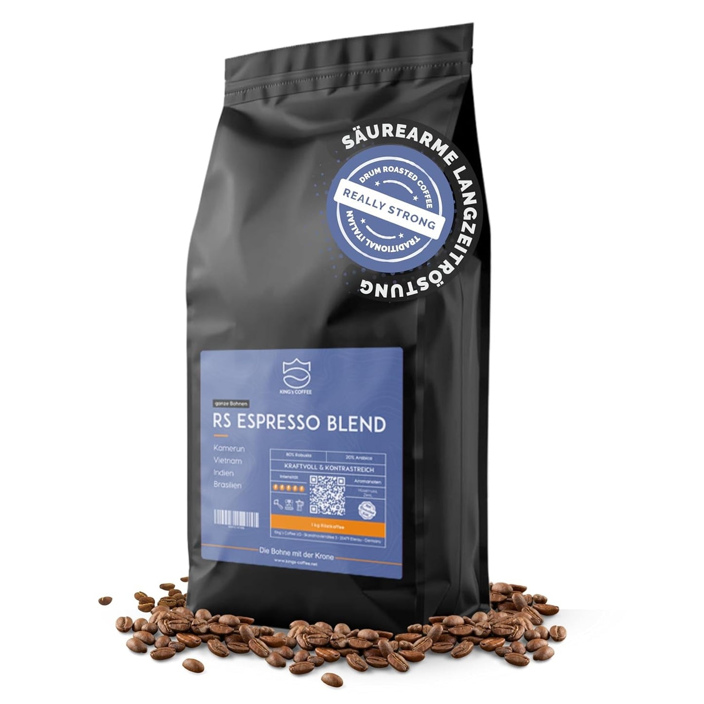 KING'S COFFEE - AMESTEC RS ESPRESSO - 1 kg de granos de café fuertes y aromáticos - café de baja acidez - café en grano entero - tostado en pequeñas cantidades procedente de Italia - granos de espresso para máquinas totalmente automáticas y portafiltros