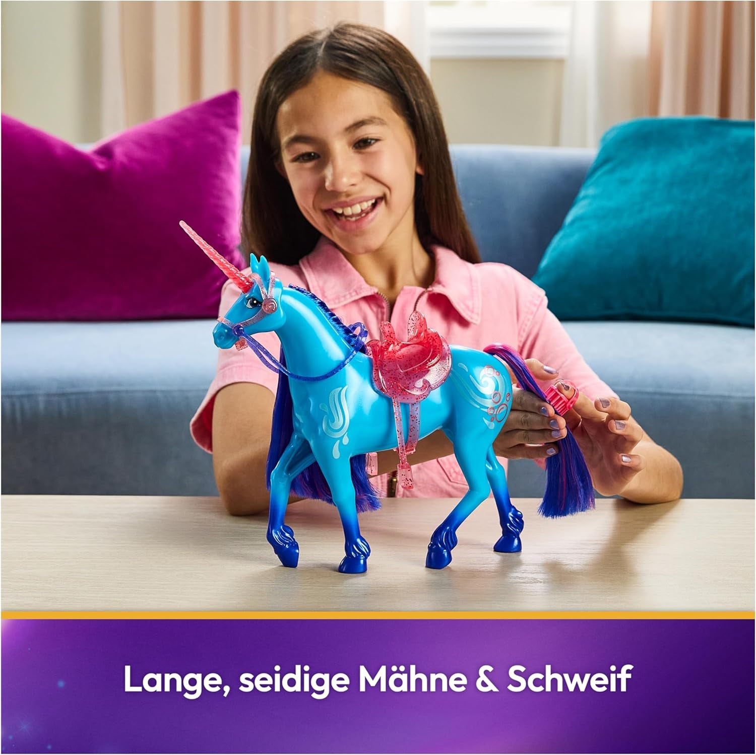 Unicorn River Unicorn Academy - Unicornio Isabel original de 28 cm de alto de la serie de Netflix, con melena y cola reales, brida, silla y cepillo extraíbles, para niños a partir de 4 años