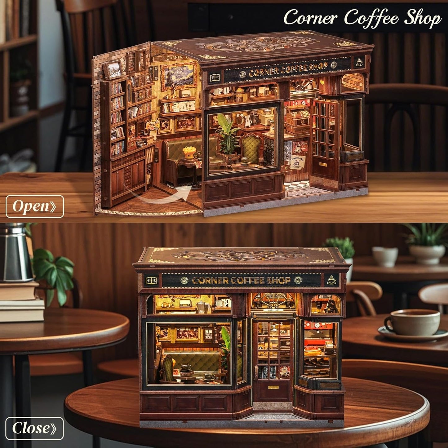 CUTEBEE Kit de esquina para libros – Casas de muñecas DIY, kit de construcción de casa en miniatura con luz LED para adultos, rompecabezas de madera 3D y soporte para libros – Decoración de estantería y regalo (café de esquina)