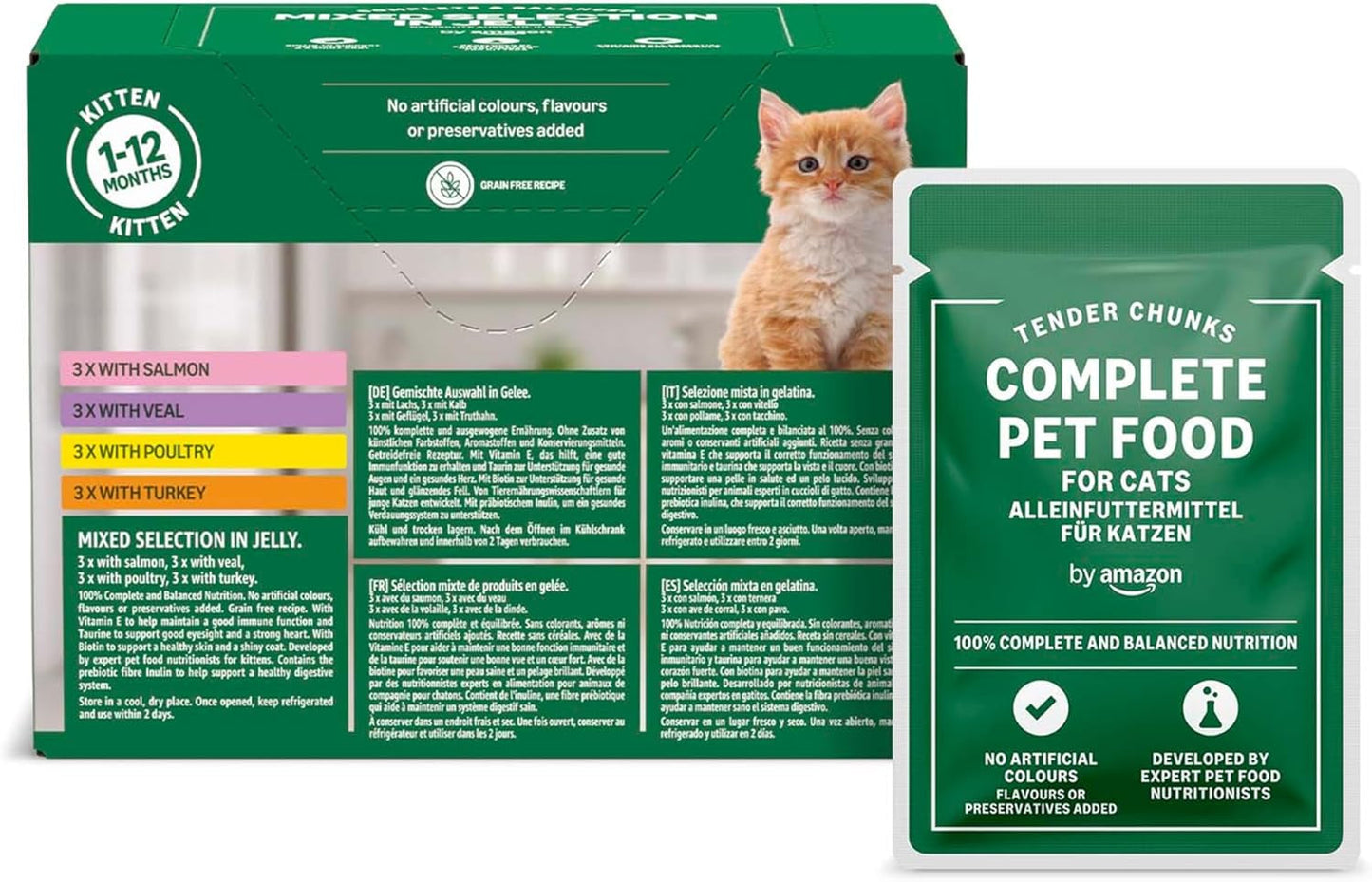 Amazon Comida Húmeda Selección Mixta para Gatos Jóvenes en Gelatina 1,2kg (12 sobres de 100g)