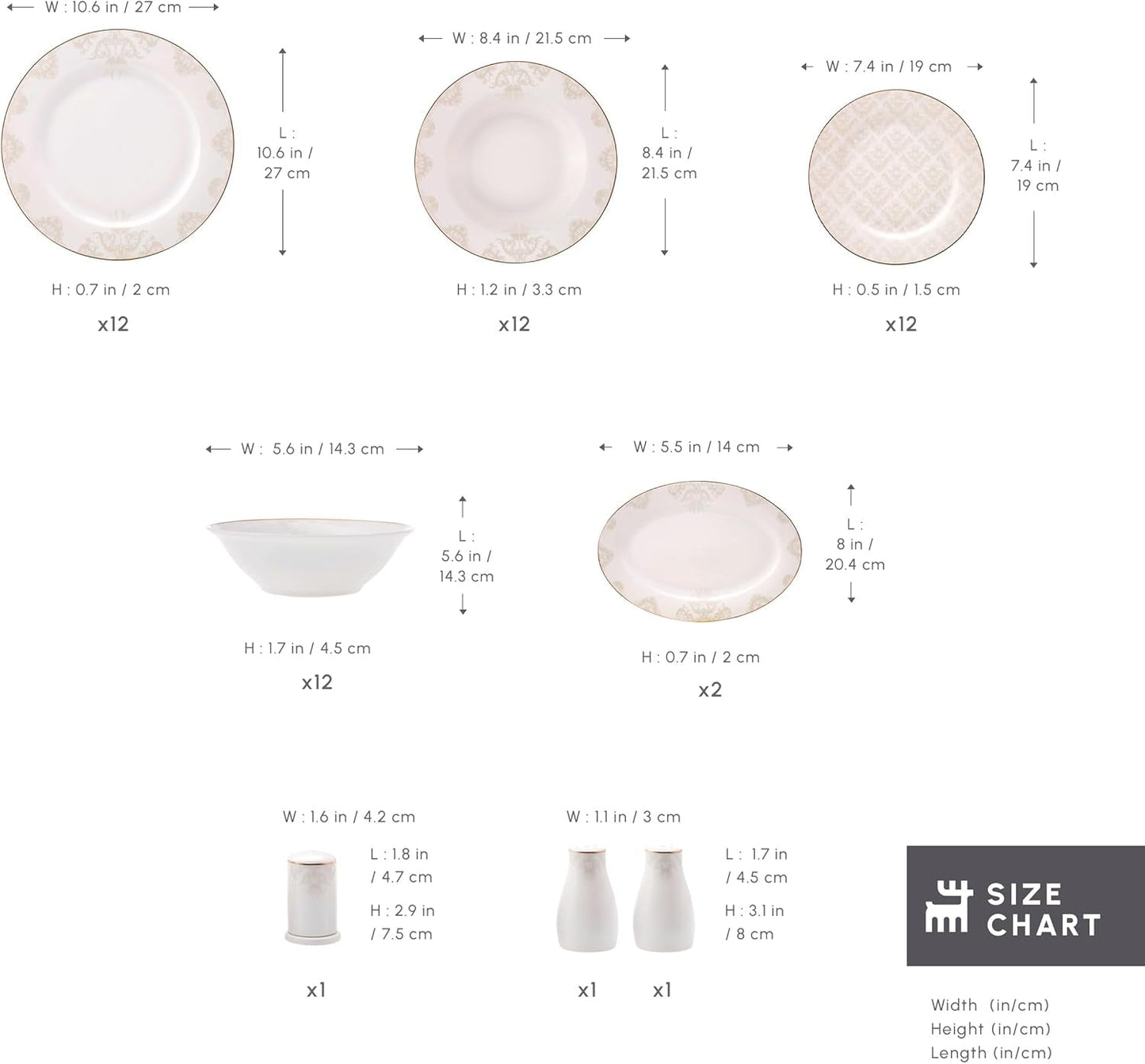 Karaca Elegance Bone Siena Vajilla para 12, Vajilla Moderna de Porcelana, Vajilla con Tazones de Sopa, Fuente para Servir, Platos Hondos, Platos de Postre - Blanco y Dorado