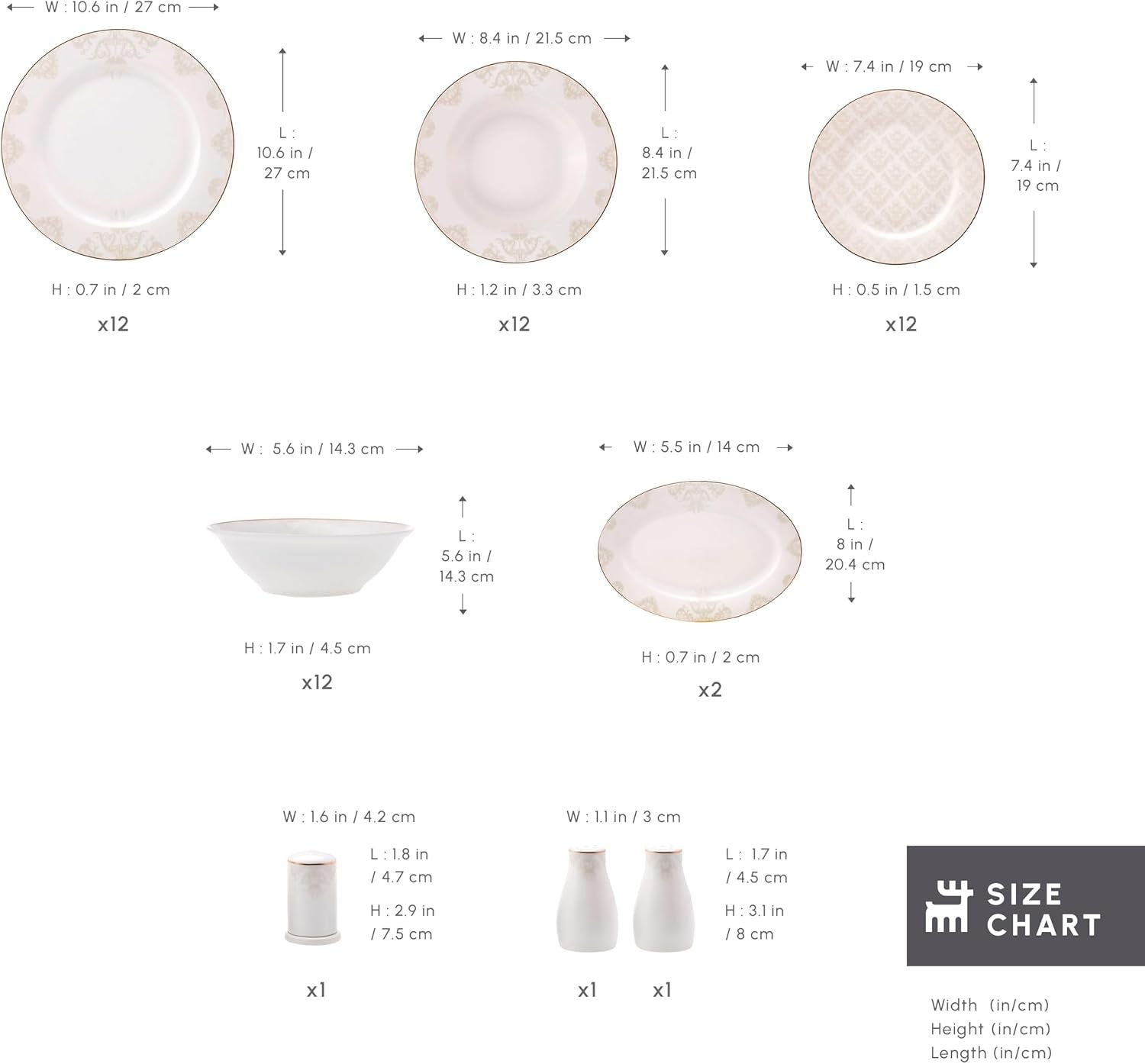 Karaca Elegance Bone Siena Vajilla para 12, Vajilla Moderna de Porcelana, Vajilla con Tazones de Sopa, Fuente para Servir, Platos Hondos, Platos de Postre - Blanco y Dorado