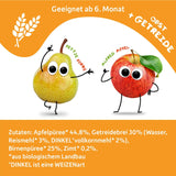FRECHE FREUNDE Bolsa de fruta orgánica exprimible, manzana, canela, pera, arroz, puré de fruta de espelta con cereales para bebés a partir de 6 meses, vegano, paquete de 6 (6 x 100 g)
