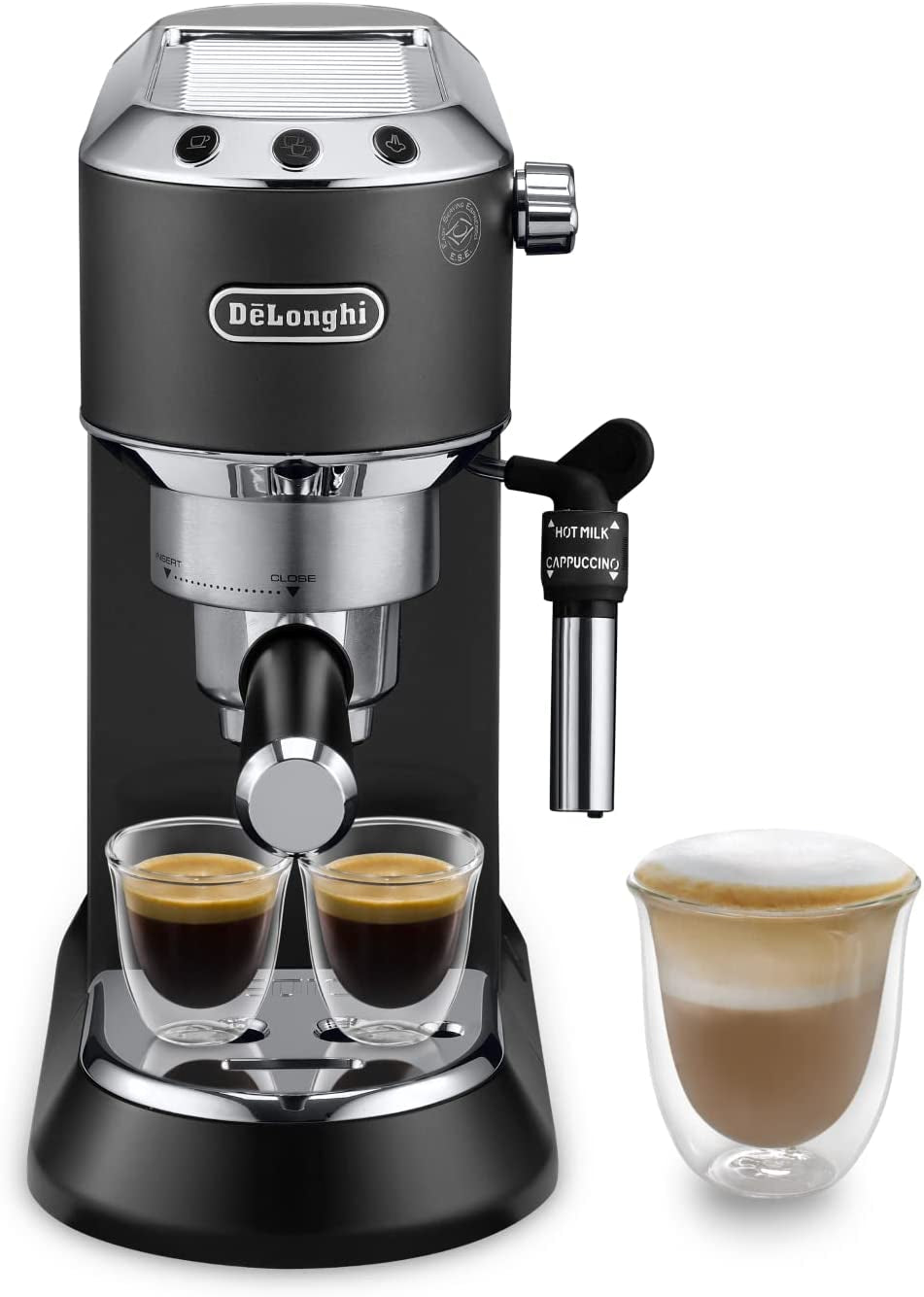 De'Longhi Dedica Style EC 685.B - Cafetera espresso con portafiltro, cafetera espresso con espumador de leche profesional, sólo 15 cm de ancho, para café molido o cápsulas ESE, depósito de agua de 1 l, negro