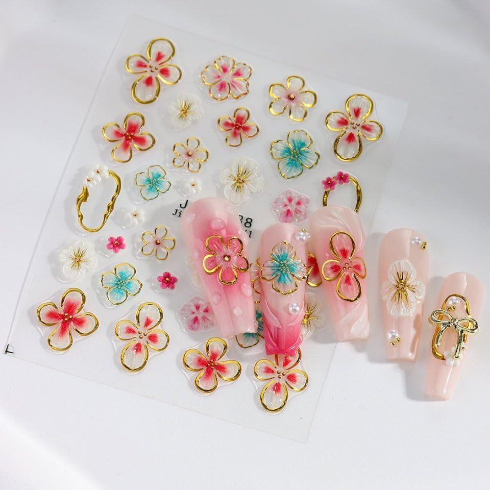 JMEOWIO 3D Nagelsticker Flor Colorida Nail Art Sticker Selbstklebend Nagelaufkleber 5D Stereoskopisch Primavera Verano Floral Dekoration Nageldesign Zubehör 4 Blatt