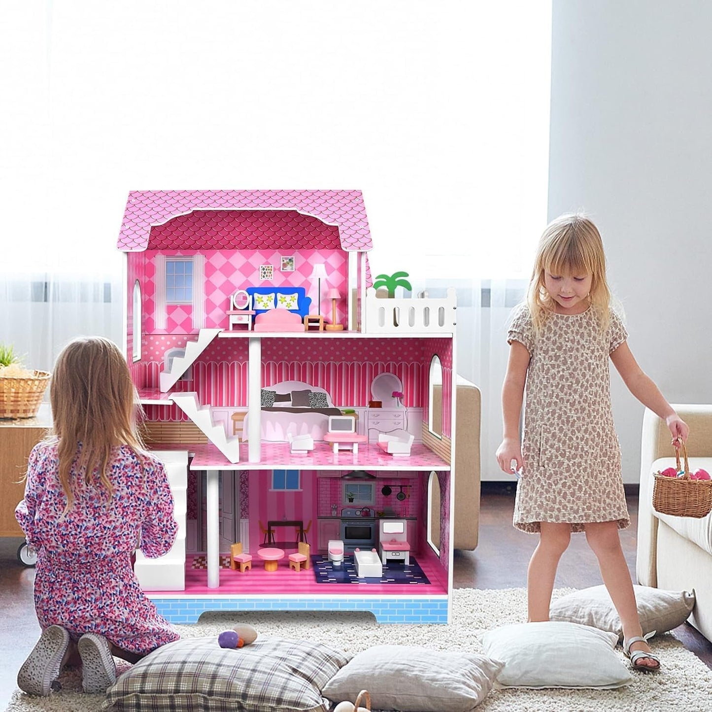 HENGMEI Puppenhaus Kinder Holz Puppenvilla Dollhouse Set Mädchen Spielset 3 Etagen Haus mit Möbeln und Zubehör, 70x30x100cm Puppenhäuser für Kinder (Typ B)