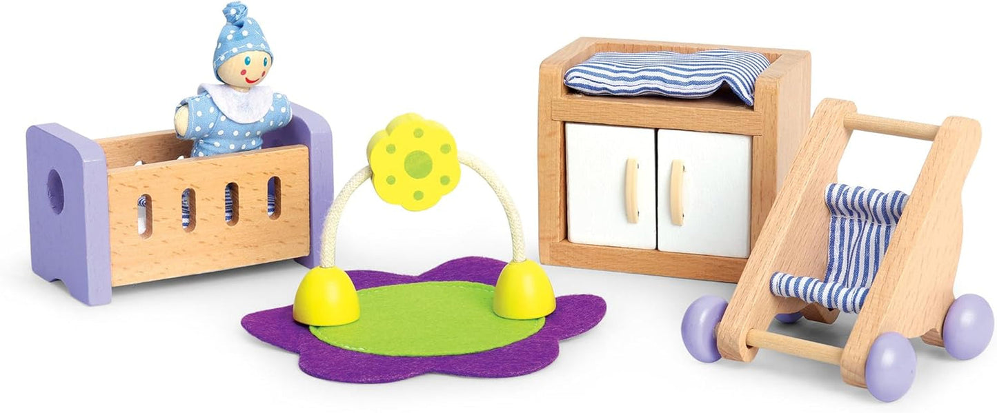 Hape Baby Room - Juego de habitación para muñecas de madera, muebles para muñecas, accesorios para casa de muñecas para niños pequeños, habitación para bebés en miniatura con columpio y accesorios, juego de rol para niños de 3 años