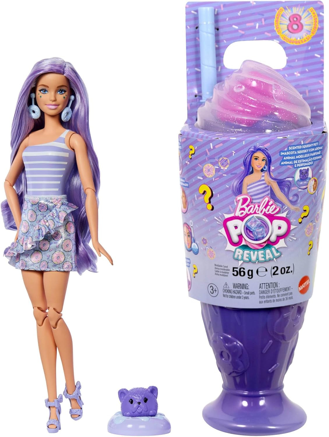 Barbie Pop Reveal Series Set con muñeca de moda y accesorios, serie Candy, diseño Donut Dreams con mascota, 8 sorpresas que incluyen cambio de color, JFY60