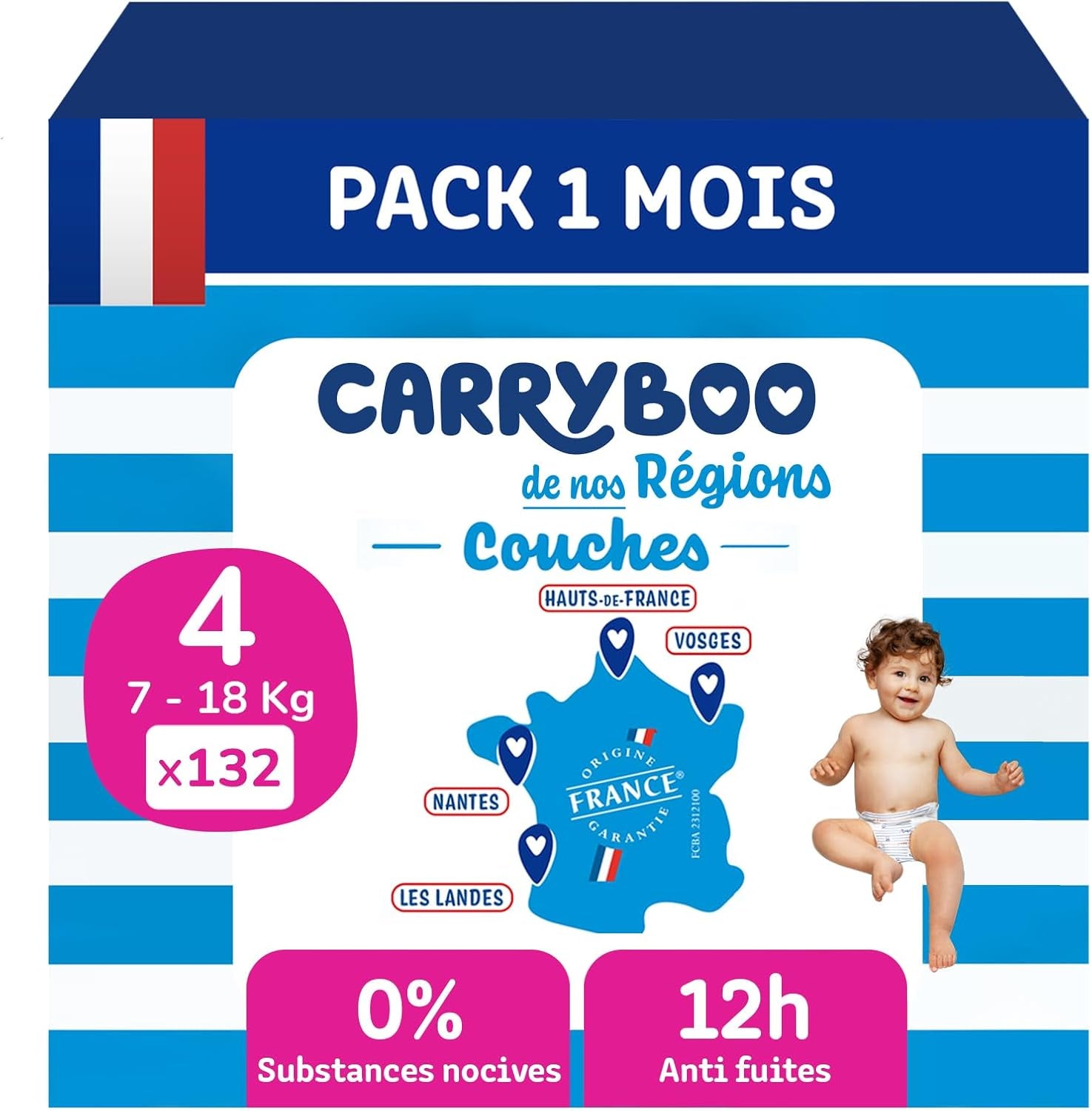 - Pañal talla 4 (7-18 kg) – saludable y extremadamente absorbente – 12 horas a prueba de fugas – ohne unerwünschte Substanzen – fabricado en Francia – precio asequible – 132 pañales desechables