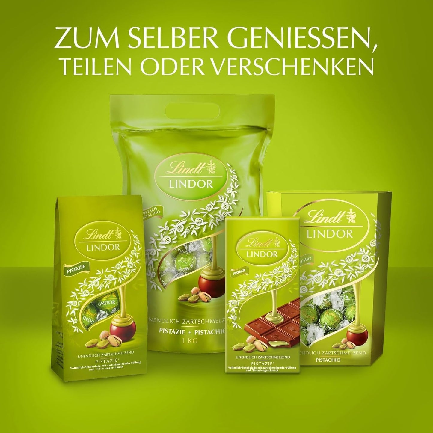 Lindt LINDOR Chocolate con Pistacho | Bolsa resellable de 1 kg | aprox. 80 bolas de chocolate con leche con relleno de crema de pistacho que se derrite en la boca | Paquete a granel, regalo de praliné