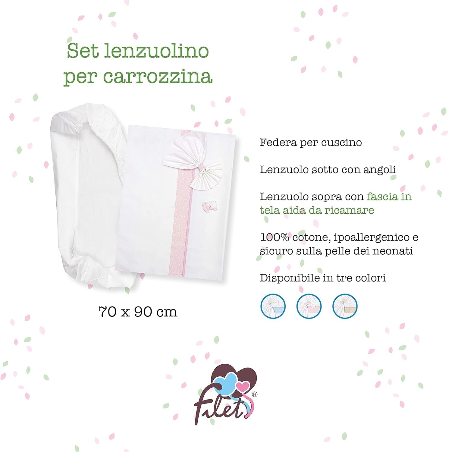Juego de ropa de cama para capazo blanco y rosa, compuesto por 1 sábana bajera, 1 sábana encimera con cinta de Aida para bordar y 1 funda de almohada, 100% algodón, Made in Italy Edredones y edredones Naty Shop