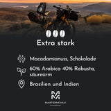 Granos de café expreso Martermühle Bike 500g Fuerte | Arábica/Robusta | Sabores: Nueces de macadamia, chocolate con leche | Granos de espresso enteros ligeramente tostados, baja acidez