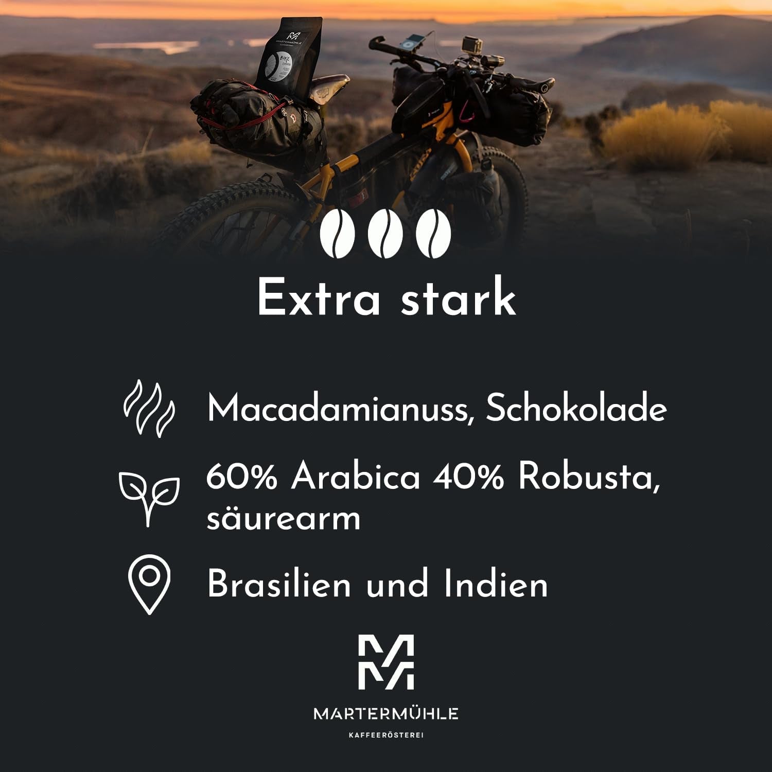 Granos de café expreso Martermühle Bike 500g Fuerte | Arábica/Robusta | Sabores: Nueces de macadamia, chocolate con leche | Granos de espresso enteros ligeramente tostados, baja acidez