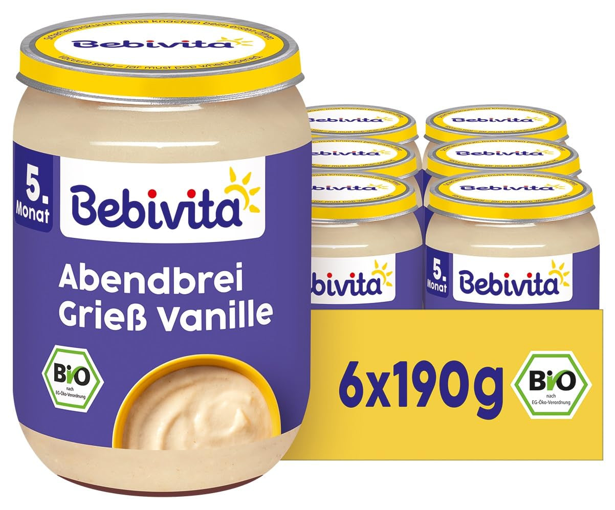 Papilla de noche con sémola ecológica y vainilla (6 x 190 g), a partir de 5 meses, sin azúcares añadidos, muy saciante, calidad 100% ecológica