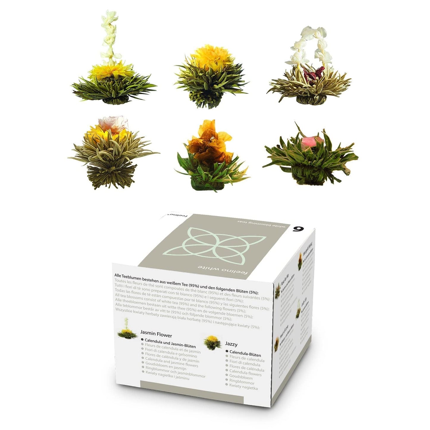 Feelino Elegant Caja Mixta de 6 Piezas - Flores de Té Blanco Feelino en una preciosa caja de degustación y regalo con 6 rosas de té blanco diferentes, envasadas individualmente al vacío, paquete de 1 pieza