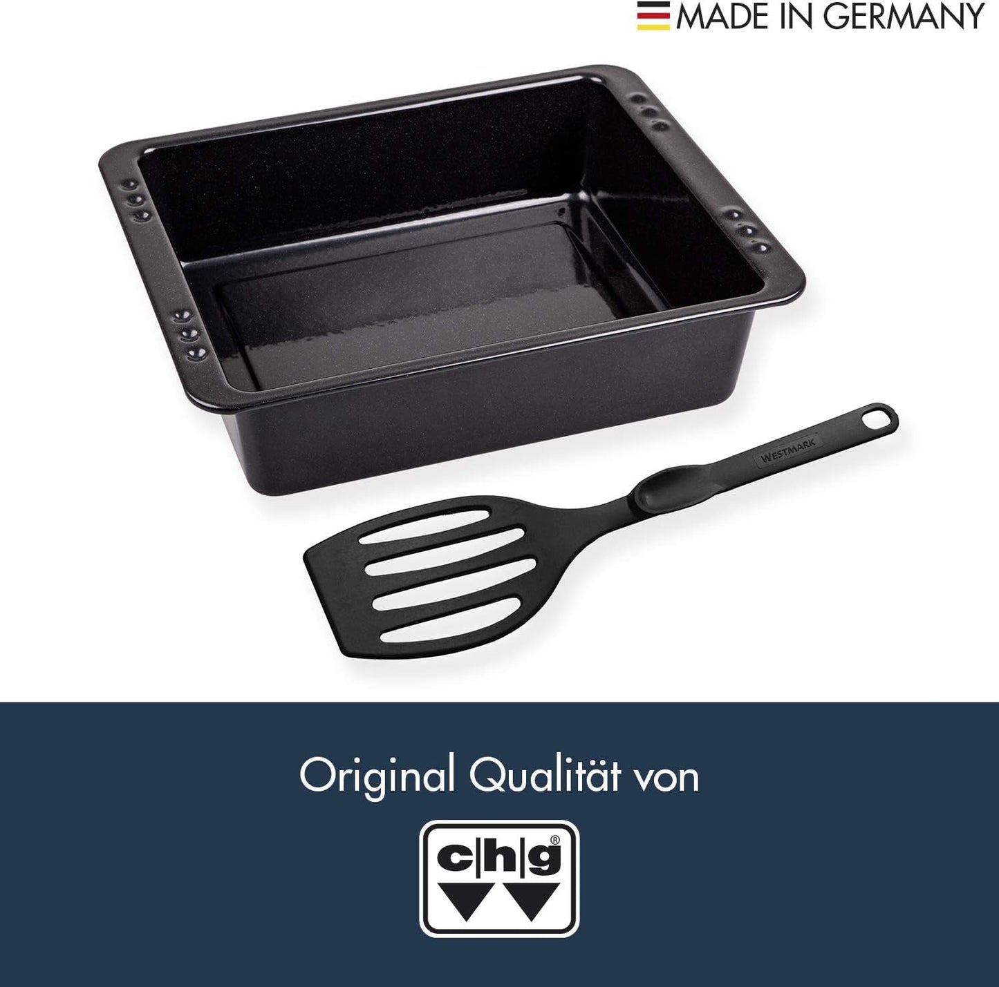 Chg SET 341-46-60 Extra Tiefe Ofenform (7.0 Cm) "Emaille" Mit Profi-Pfannenwender", Schwarz Gesprenkelt Moldes y bandejas para repostería Naty Shop