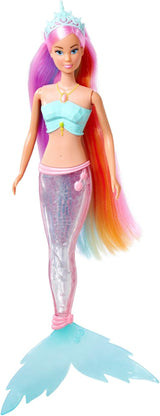 Steffi Love Magic Rainbow Mermaid, Muñeca Sirena con Función de Luz Mágica Arco Iris y Pelo Extra Largo, 39 cm, Edad 3+