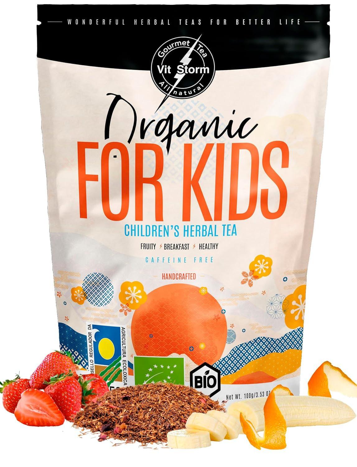 VITSTORM® BIO TEE Mom & Kids - Té para mujeres y lactancia - Rooibos, manzana, hinojo, melisa, alquimilla, fresa - Té relajante - Afrutado y delicioso - Sin cafeína - Té de hierbas 100 g