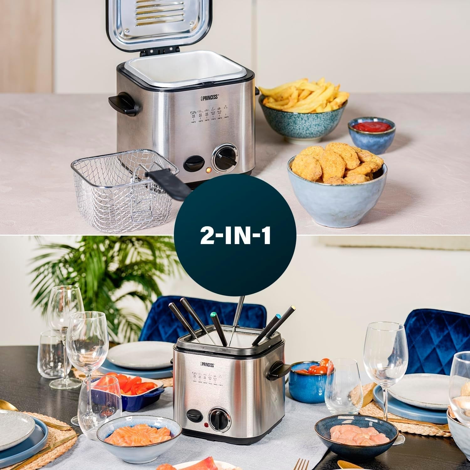 Princess 182611 Mini freidora de fondue - Calentamiento rápido - Filtro de olores - Capacidad 1,2 litros, Plata Electrodomésticos Naty Shop