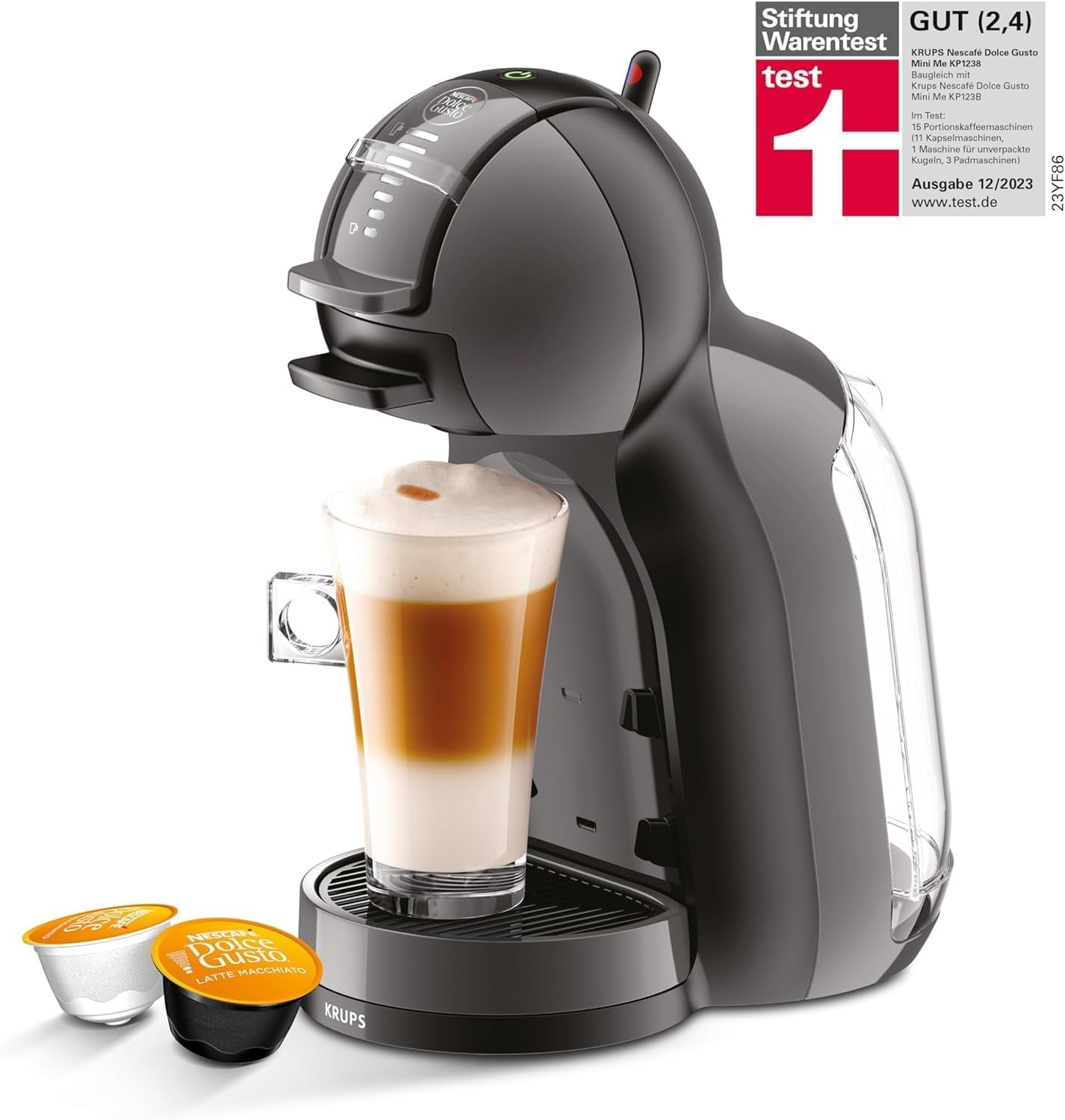 NESCAFÉ DOLCE GUSTO Krups KP1238 Mini Me Máquina de café en cápsulas, 15 bares, Cafetera compacta de alta presión, más de 30 creaciones de café, tamaño de bebida a elegir, Negro/Antracita con Dallmayr Prodomo