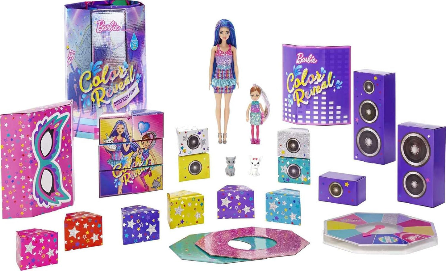 Barbie GXJ88 - Fiesta Sorpresa con Revelación de Color, +50 Sorpresas: 1 Muñeca, 1 Muñeca Chelsea, 2 Animales, 6 Cambios de Color, Accesorios y Más, Set de Fiesta de Baile, Juguete de Regalo para Niños de 3 años en adelante