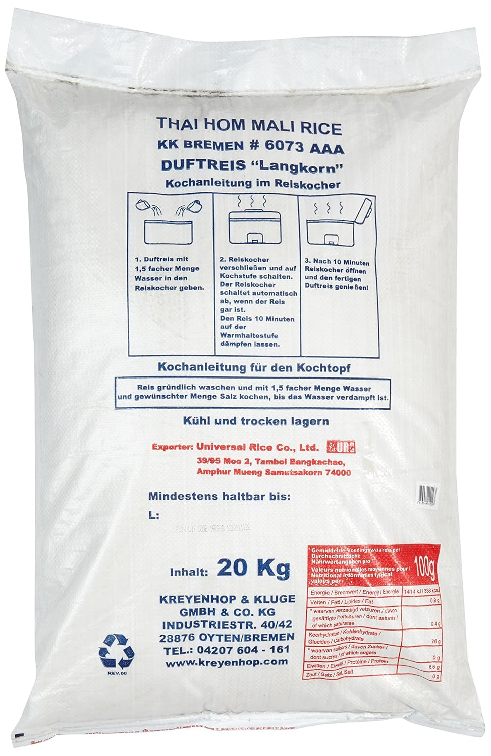 Arroz aromático Aroy-D, 100% arroz de grano largo, 1 paquete (1 x 20 kg)