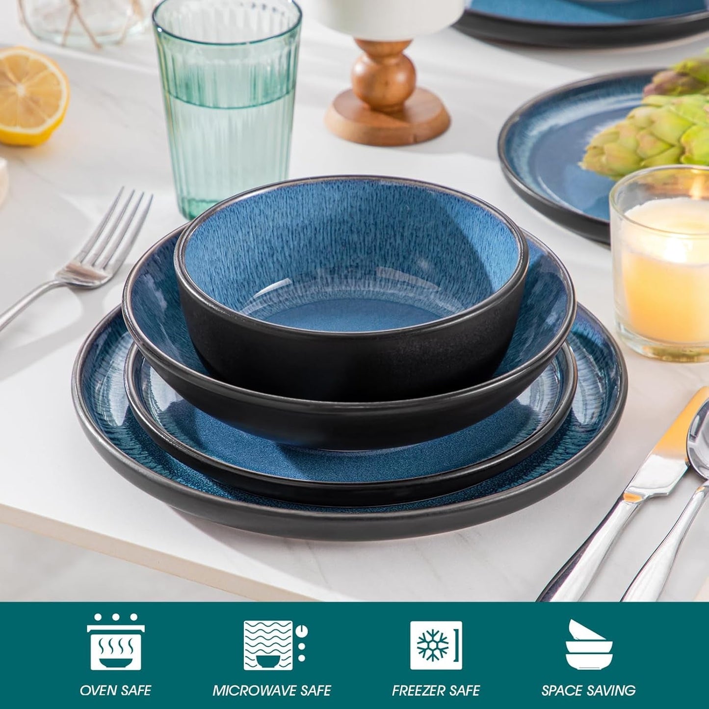 Vajilla para 6 personas Vancasso PLAYA Vajilla de porcelana para 6 personas de 24 piezas Azul Incluye platos, platos Suma, cuencos y ensaladeras Apto para lavavajillas y microondas