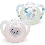 Chupete para bebé NUK Star Night & Day de 0 a 6 meses que brilla en la oscuridad, silicona sin BPA, gato rosa, paquete de 2