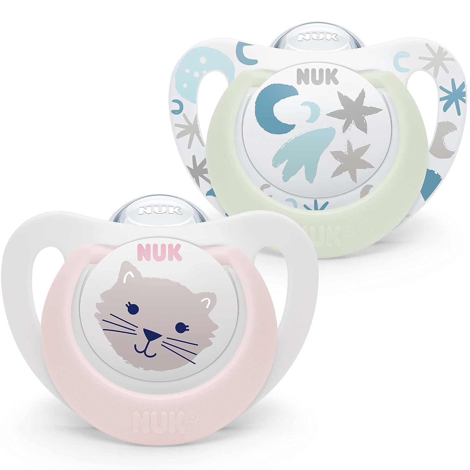 Chupete para bebé NUK Star Night & Day de 0 a 6 meses que brilla en la oscuridad, silicona sin BPA, gato rosa, paquete de 2