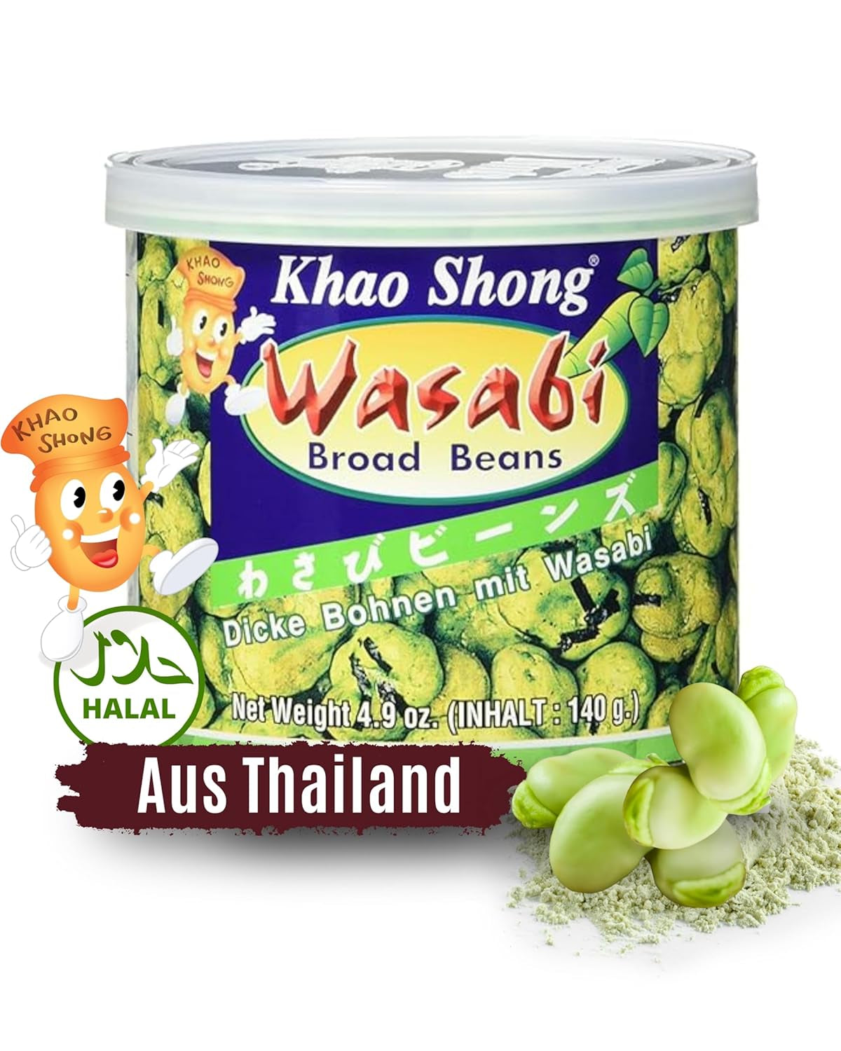 Khao Shong Guisantes verdes fritos con wasabi, guisantes crujientes rebozados picantes, una alternativa baja en grasa a las nueces, picante medio, 1 lata de 140 g | 140 gramos (1 paquete)